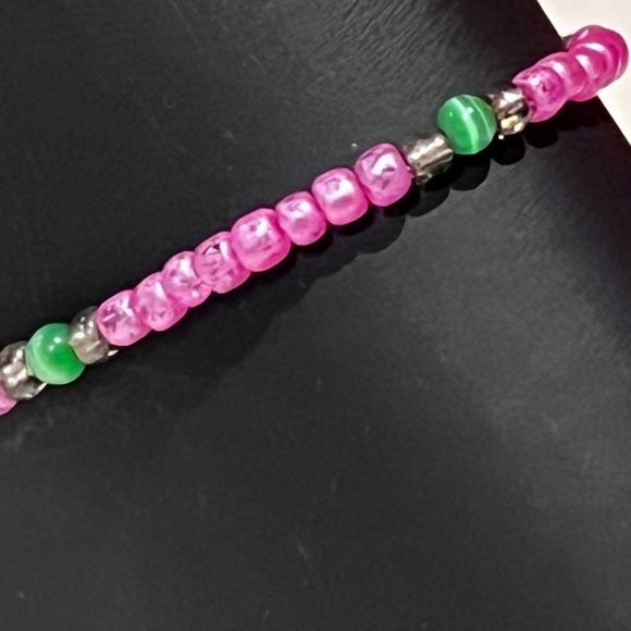 Pink and Green Handmade Beaded Ankle Bracelet - Picture 3 of 7